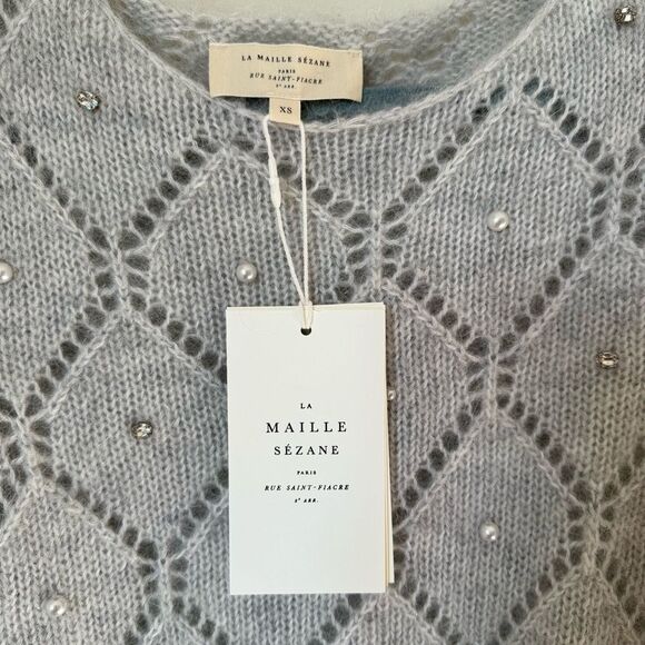 SEZANE NWT Federica Jumper Sweater Pearl Grey Rhinestone Embellished XS - Picture 5 of 7